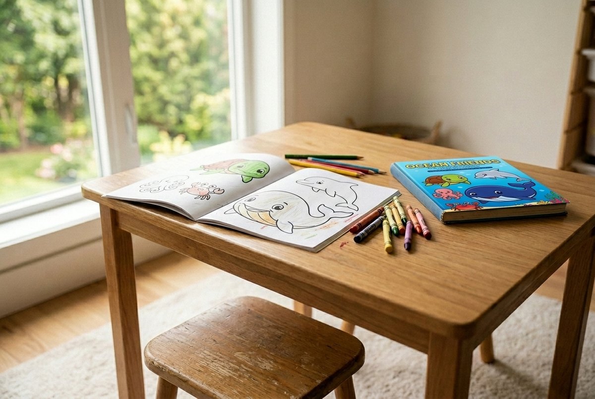 Child-sized wooden table by a window with a partly colored sea animal coloring book, crayons and the Ocean Friends book