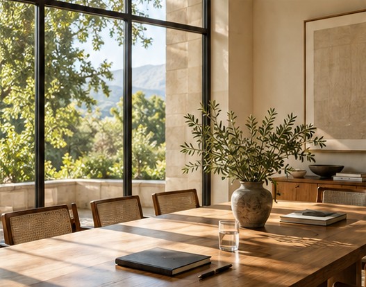 Dining table by a large window overlooking green hills
