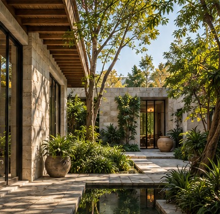 Stone courtyard house with a garden and reflecting pool