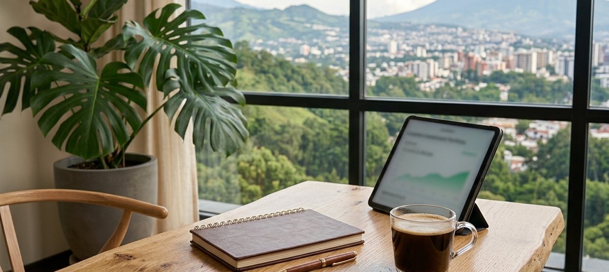 Wooden desk by a large window with a view of green hills and volcanoes, with a notebook, pen, coffee and a tablet