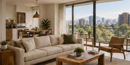 Furnished apartment living room with a view of the city and volcanoes