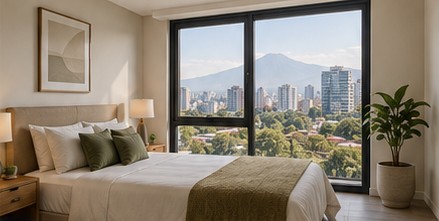 Apartment bedroom with a large window and a volcano in the distance