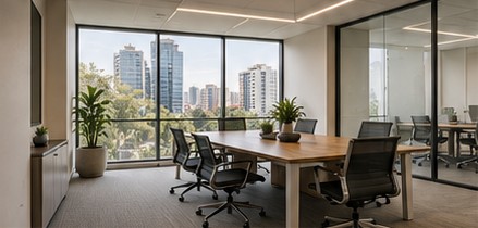 Office meeting room with floor-to-ceiling windows