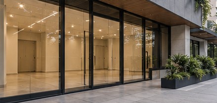 Glass-fronted retail space with an entrance garden