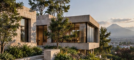 Modern stone house with large windows and a volcano in the distance
