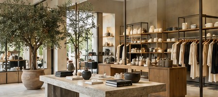 Home and fashion store with olive trees and wooden shelving